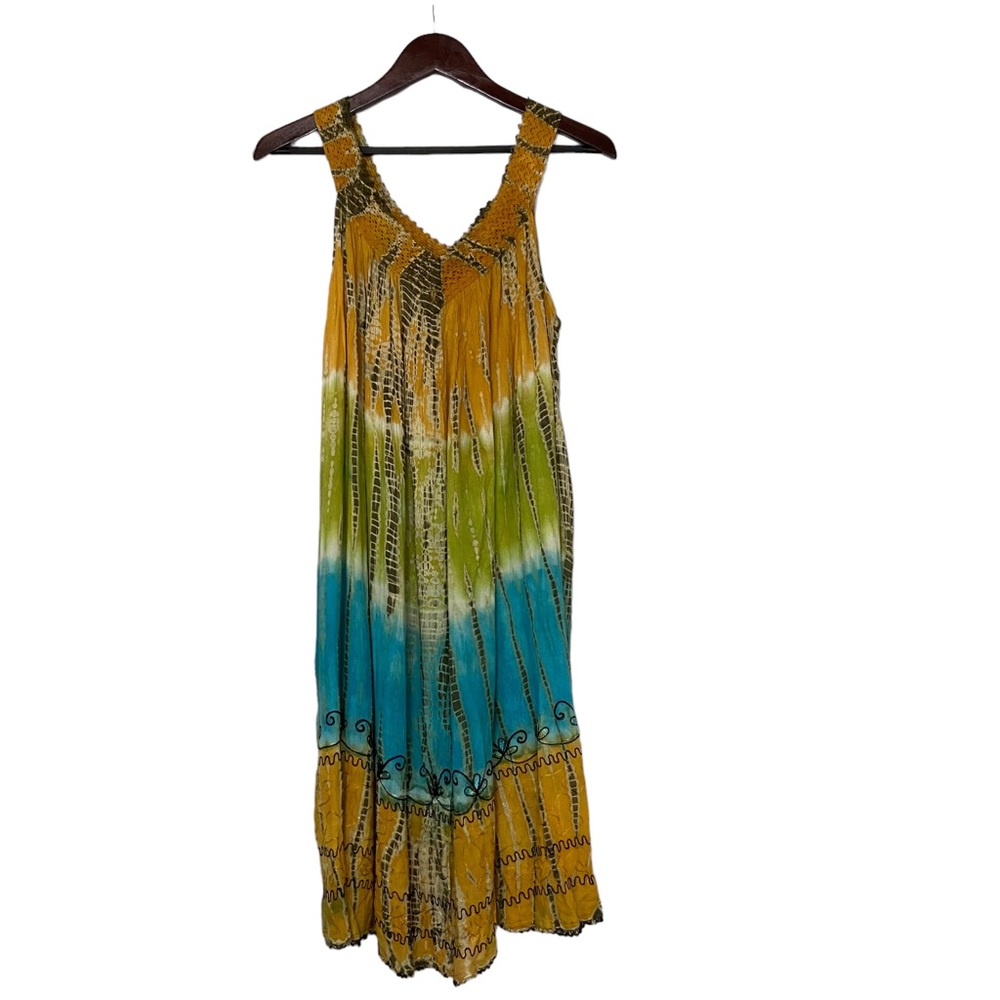 Boho Crochet Tie Dye V-Neck Midi Sleeveless Shoreline Dress